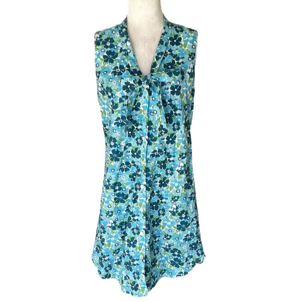 NWT Kayce Hughes Cornflower Blue Retro Floral Bow Tie Neck Shift Dress - 10